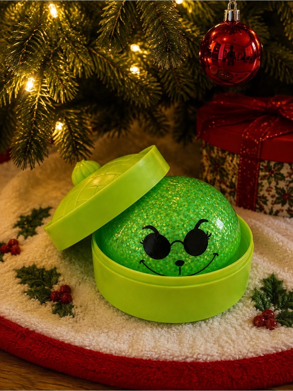 The Grinch Green Glitter Squishy Dumpling with Sunglasses Face & Case